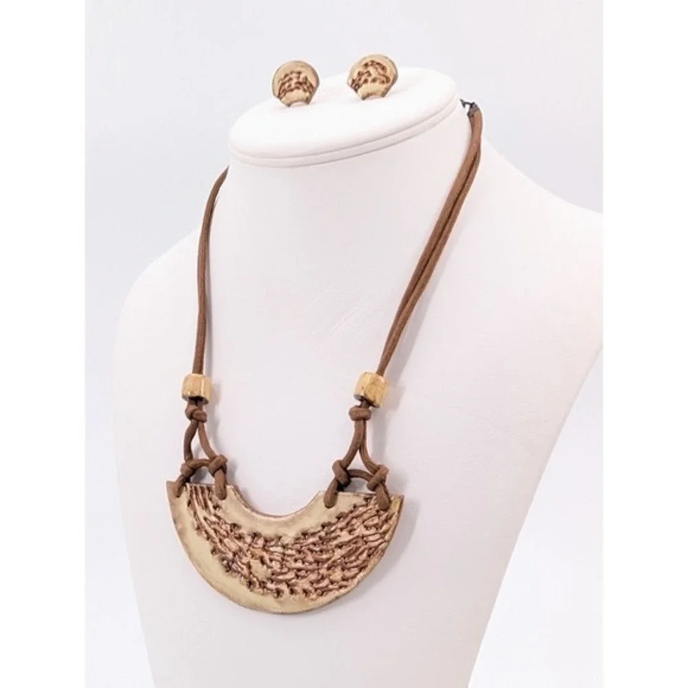 VTG Peru Handmade Ceramic Studio Art Pottery Bib Necklace Earrings Set Brutalist